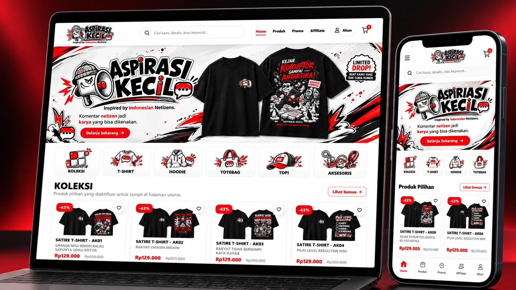 Contoh tampilan toko clothing pada laptop dan smartphone